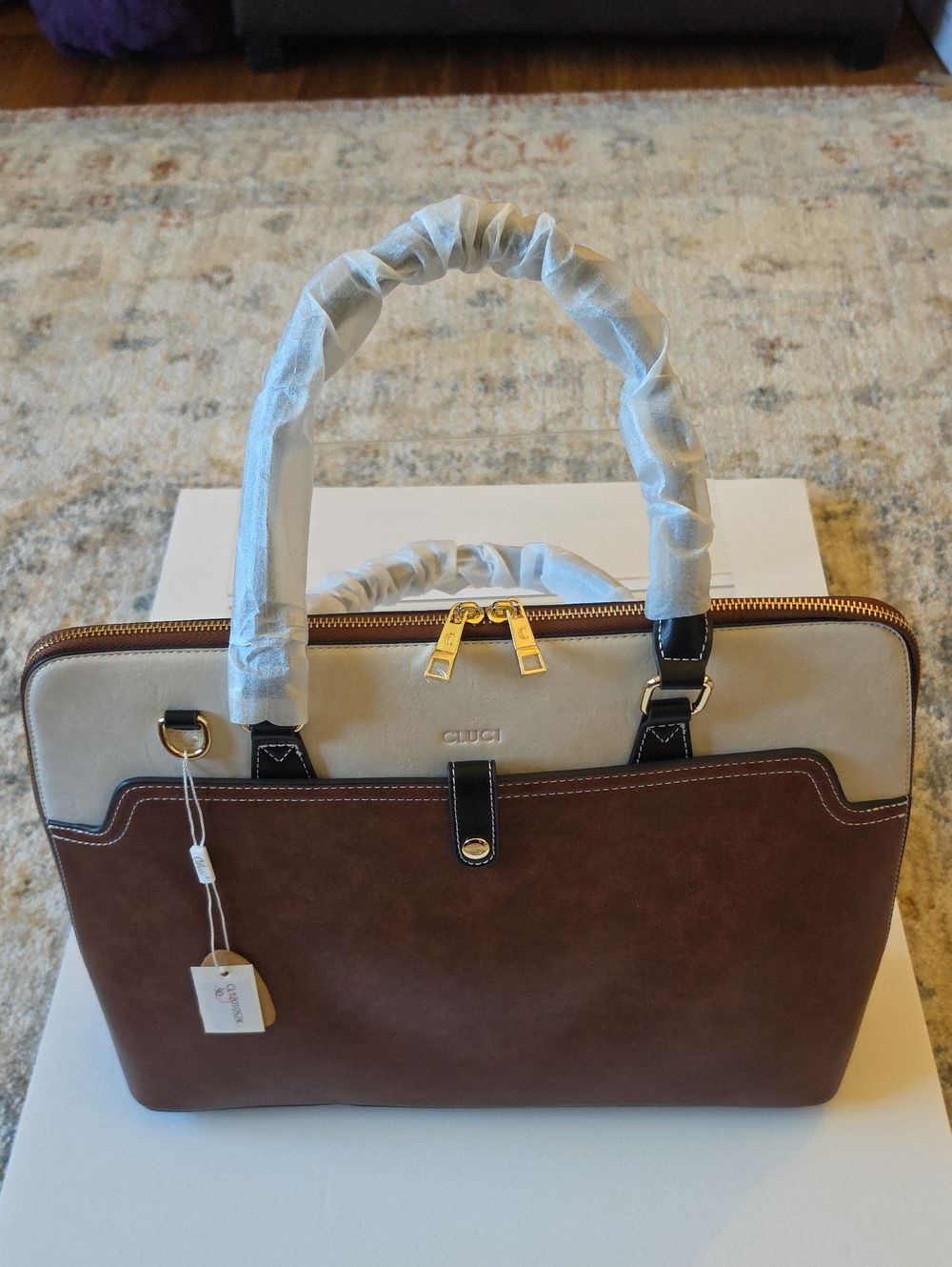 Cluci Leather Brown and Cream Leather Briefcase with Gold Hardware